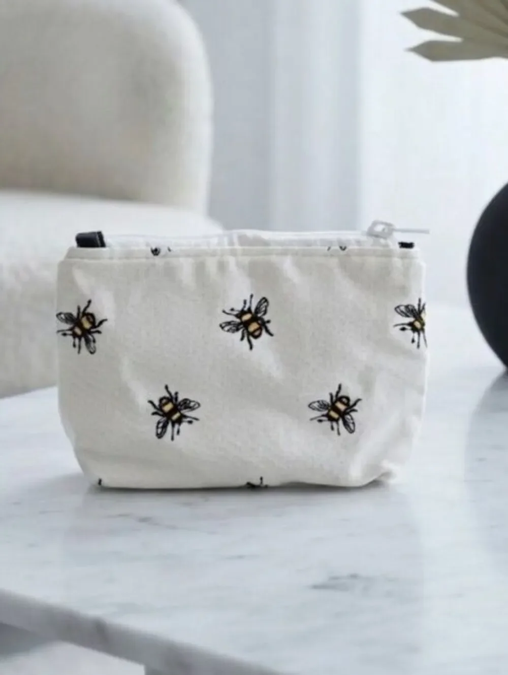 Embroidered Bee on White Denim zippered Pouch